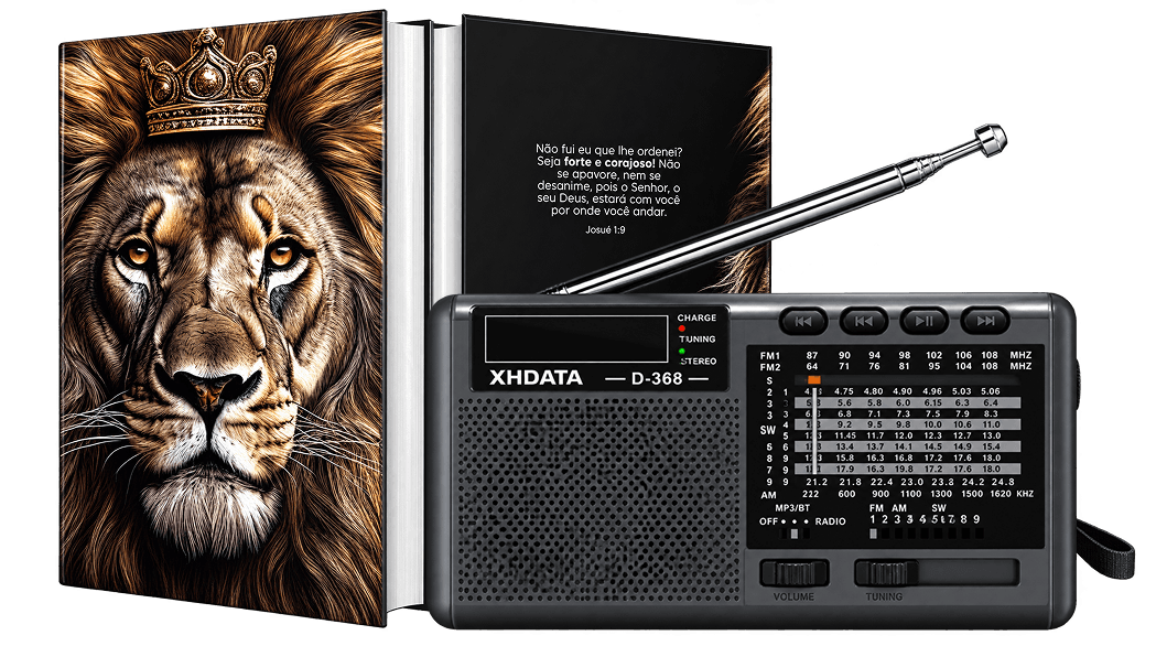 Bíblia com capa personalizada de um leão coroado e rádio portátil XHDATA D-368, os prêmios do sorteio de aniversário
